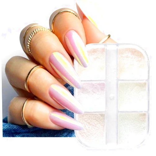 Mangoit 6 Grids Chrome Nail Glitter Aurora Mirror Nail Powder Pearl Shell Rubbing Pigment Soap Sparkly Nail Powder for Nail Art Decoration, Resin Craft (01_Aurora)