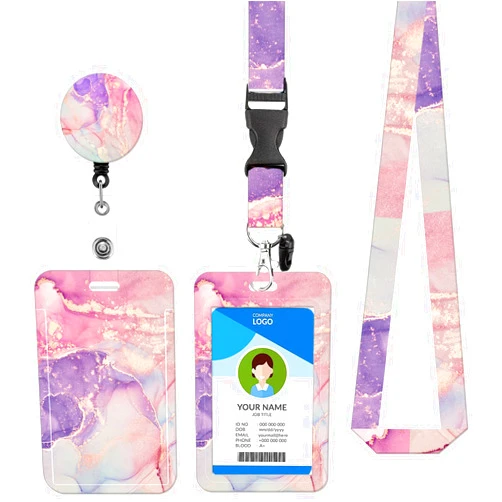 BILLTEFUL Badge Lanyard and ID Badge Holder, Retractable Badge Reels with Carabiner Reel Belt Clip, Strap Lanyard with Lobster Clasp for Badge Holders, Nurse Teacher Office Gifts (BLC-Purple Pink Marble)