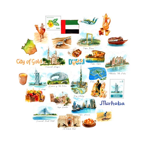 Navy Peony Futuristic Dubai Travel Stickers (30pcs) - Watercolor, Waterproof, Emirati-Themed Vacation Decals for Journals, Scrapbooks, Tumblers