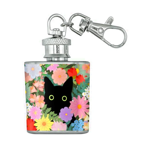 GRAPHICS & MORE Black Cat Hiding in Spring Flowers Stainless Steel 1oz Mini Flask Key Chain