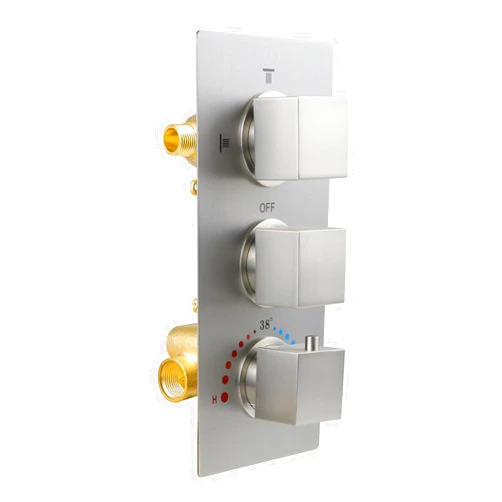 HOMEDEC Brushed Nickel 3 Way Shower Valve Thermostatic Anti-scald with 3 Square Knobs, Water Diverter Temperature Control Brass Rough-in Valve