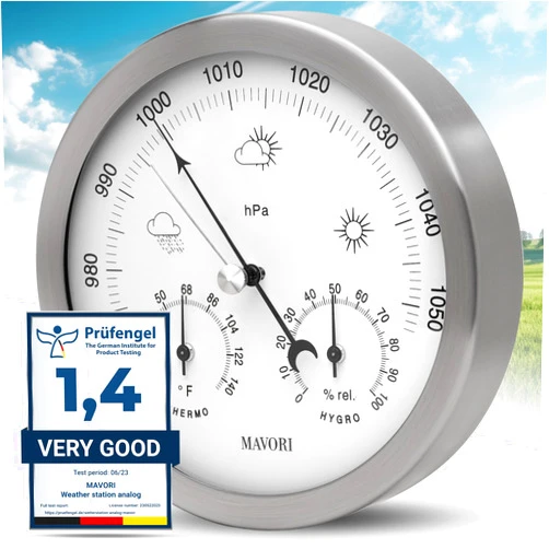 MAVORI® 3in1 Weather Station Analog - Barometer, Hygrometer & Thermometer for Indoor - Ø 13,5cm Stainless Steel Frame with Acrylic Glass - Great Barometers for Home - Barometric Pressure Gauge
