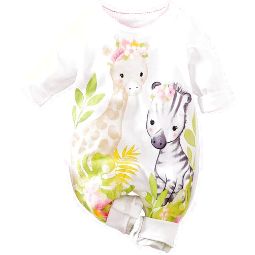 Aoswep Cute Giraffe + Zebra With Floral Print Long Sleeve Baby Girl Clothes White Jumpsuit For Baby One-Piece Romper