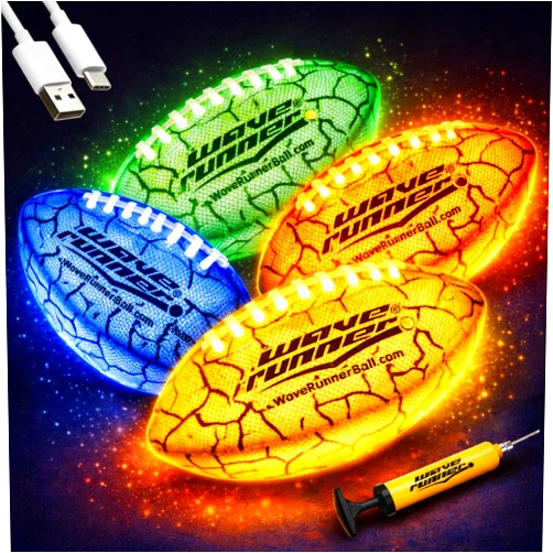 Wave Runner Glow in The Dark LED Football - Junior Size Waterproof Light Up Football, Type-C Rechargeable with Pump, Outdoor Sports Toy for Kids, Teens, and Adults