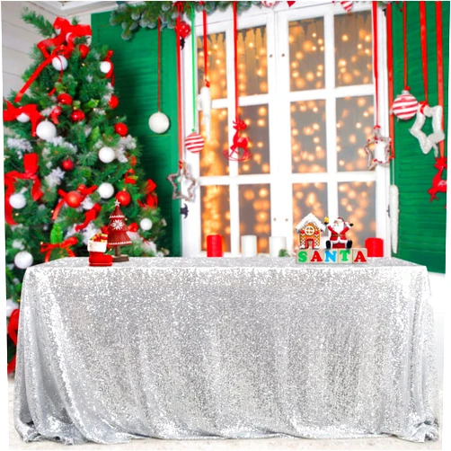 B-COOL 60x102 Inch Silver Tablecloth Halloween Rectangle Silver Sequin Tablecloth Sequin Table Linens Glitter Tablecloth Wedding Sequin Tablecloth for Christmas Halloween