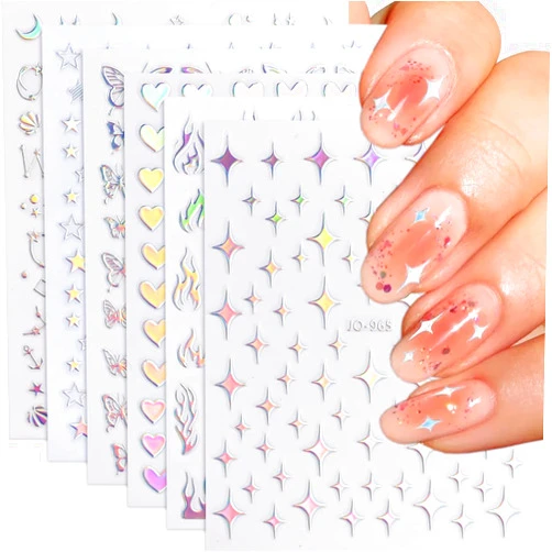 Qdsuh Star Nail Stickers, Holographic Star Nail Decals Heart Butterfly Shinning Stars Nail Designs Aurora Silver Nail Art Supplies for Women Girls(6 Sheets)
