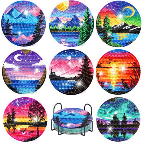 Eniref 8 Pcs Diamond Art Coasters Kits with Holder, Landscape DIY Diamond Paintings Coaster Kits,Scenery Full Drill Rhinestone Painting Kits for Adults Beginners Art Craft Supplie for Tabletop Protection.