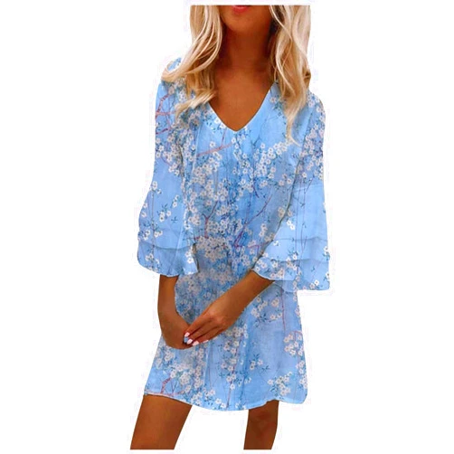 Shusuen Women‘s 3/4 Bell Sleeve V Neck Elegant Mini Dress Floral Printed Beachwear Temperament Casual Resort Dress