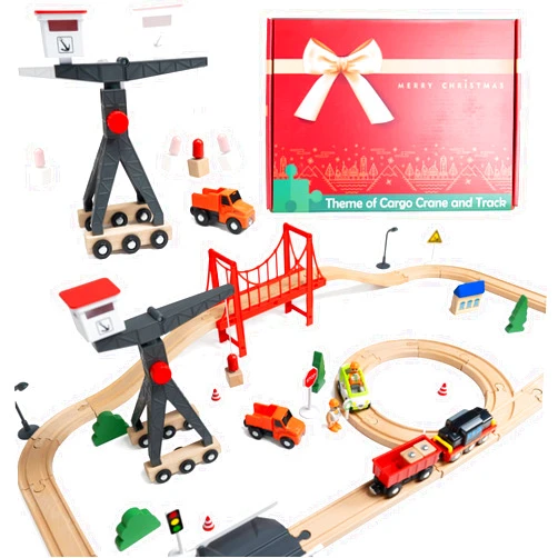 WOOD CITY Wooden Train Set for Toddler, 56 Pcs Deluxe Kids Car Toy for 2 3 4 Year Old Boy, Cargo-Themed Train Track with Tower Crane & Suspension Bridge - Fits Thomas Brio Chuggington Melissa Orbrium