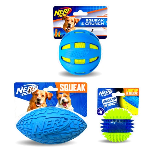Nerf Dog Toy Gift Set, 3-Piece Set of Outdoor Dog Toys for Fetch, Includes Checker Crunch Ball, Spike LED Squeak Ball and Tire Squeak Football