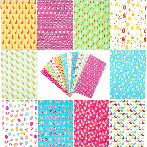 Boao 10 Pieces Easter Day Fabric 10 x 10 Inch Egg Rabbit Carrot Printed Fabric Easter Sewing Quilting Fabric DIY Easter Themed Patchwork Bundles for Sewing Handicrafts Decorations Making, 10 Patterns