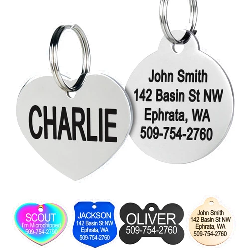 GoTags Stainless Steel Pet ID Tags, Personalized Dog Tags and Cat Tags, up to 8 Lines of Custom Text, Engraved on Both Sides, in Bone, Round, Heart, BowTie and More (Heart, Regular (Pack of 1))