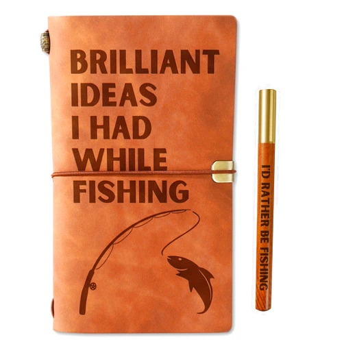InnoBeta Fishing Gifts for Men Women, Cool Gifts for Fishing Lovers on Christmas, Birthday, Journal Pen Set, Refillable Notebook, Travel Diary, Lined Planner, 7.8x5 Inches, Brown