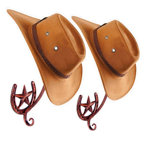 MASJENBU Cowboy Hat Rack for Wall 2 Pack Large Metal Cowboy Hat Holder Western Home Decor Cowboy Hat Wall Hanger with Hooks for Storage and Display at Closet Bedroom Living Room (2 Pack), cast