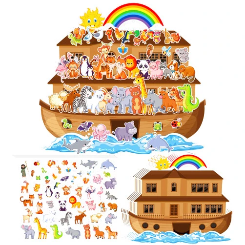 YHNTGB 11 Set Noah's Ark Animal Sticker Scene Kit Include 11 Backgrounds and 11 Sheets Self Adhesive Animal Stickers Giant Noah's Ark Sticker Kit for Kids Noah's Ark Decorations Sunday School Crafts