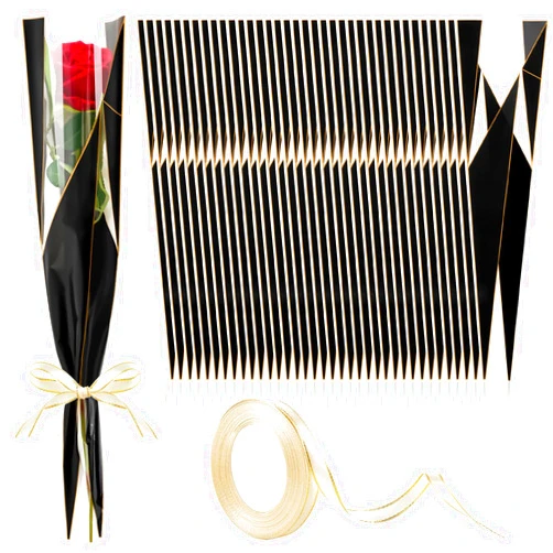 Mauproy 100 Pack Single Rose Sleeves, Flower Wrapping Bags Waterproof Single Flower Packaging Bags with Ribbons for Wedding, Birthday, Valentine’s Day, Florist Supplies (Black)