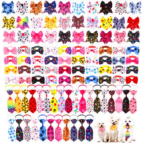 Reginary 100 Pieces Dog Bow Tie Collar Set Include 40 Dog Neckties, and 30 Puppy Bow Tie, 30 Collar Flowers, Adjustable Dog Bows Grooming for Small Medium Dogs Supply (Paw Bone)