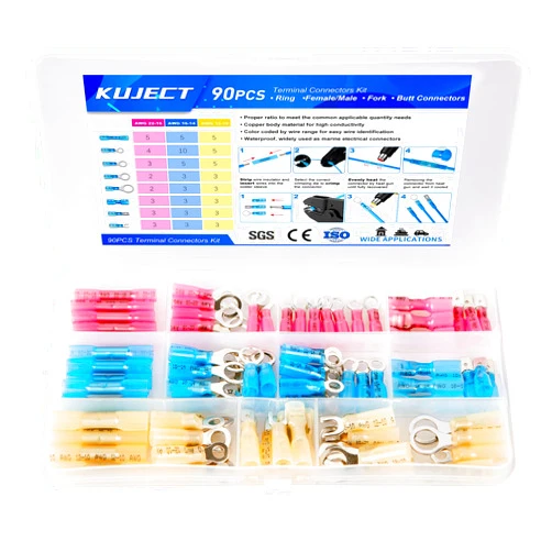 Kuject 90PCS Heat Shrink Wire Connectors, Multipurpose Waterproof Electrical Wire Terminals kit, Insulated Crimp Connectors Ring Fork Spade Butt Splices for Automotive Marine Boat Truck
