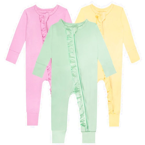 GUISBY Baby Long Sleeve Footless Rompers, 2 Way Zipper with Ruffle Sleepers 0-24 Months 3-Packs