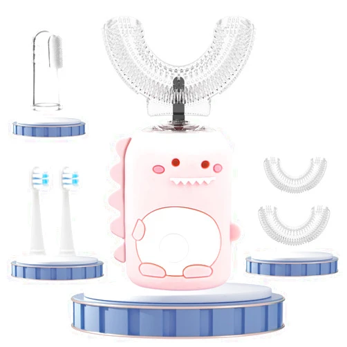 Kewen Toddler Toothbrush, U Shaped Toothbrush Kids w/ 5 Brush Heads, 3 Clean Modes, IPX7 Waterproof 360 Kids Electric Toothbrushes 60s Smart Reminder, Sonic Toothbrush Kids for 2-12(Pink)