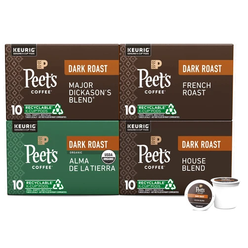 Peet's Coffee, Keurig K-Cup Pods Dark Roast Variety Pack - Major Dickason's Blend, French Roast, Organic Alma De La Tierra, House Blend, 40 Count (4 Boxes of 10 K-Cup Pods)