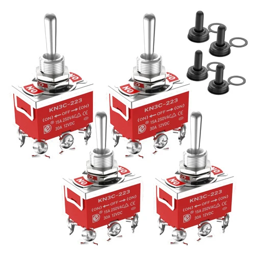Joinfworld Momentary Toggle Switch 12V DC 3 Way 30 Amp DPDT 6 Pin (ON)-Off-(ON) Waterproof Marine Toggle Switch 12 Volt Heavy Duty with Boot Cover Cap for Automotive Boat Auto Air Train - 4Pcs