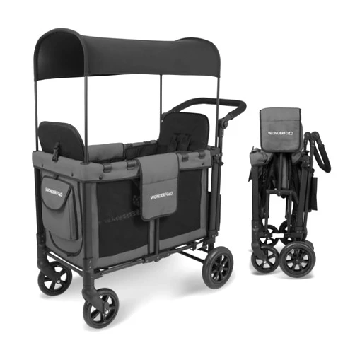 WONDERFOLD W2 Original+ Stroller Wagon (2 Seater) - Collapsible Wagon Stroller with Seats with 5-Point Harnesses, Easy-Access Door, and Adjustable Sun Canopy, Charcoal Gray