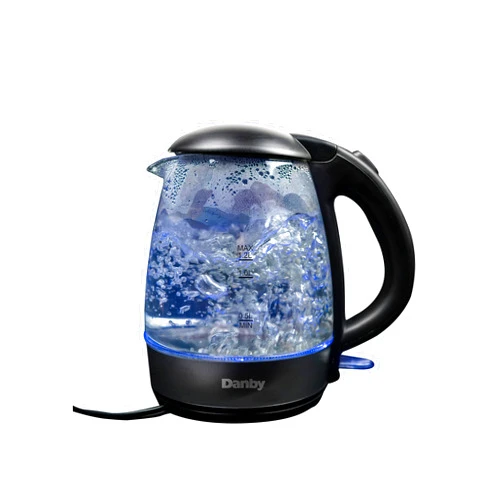 Danby DBKT12013BD11 1.2L Glass Kettle in Black Stylish blue LED indicator light Cordless