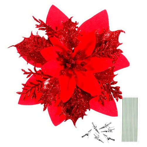 TOYANDONA 12pcs Christmas Flower Poinsettias Glitter Artificial Poinsettia Christmas Poinsettia Christmas Tree Ornaments Christmas Flower Decorations with 12pcs Stems and Clips (Red)