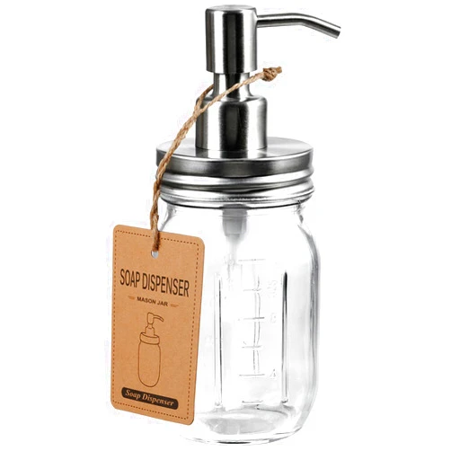 Amolliar Mason Jar Soap Dispensers, Rustproof Stainless Steel Lid &Pump, Refillable Wash Hand Soap for Bathroom,Kitchen-Ideal for Dish Soap,Liquid Soap, Lotions,Waterproof Stickers,16OZ Brushed Nickel