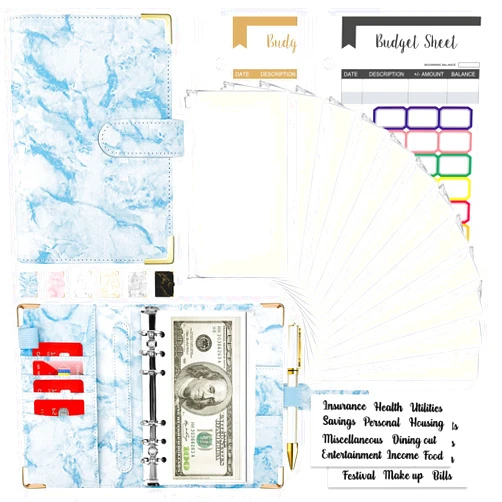 Onlyesh Budget Binder, Cash Envelopes for Budgeting, Money Organizer for Cash, 28Pcs Budget Binder with Cash Envelopes, Marble 6-Ring Money Saving Binder(Blue)