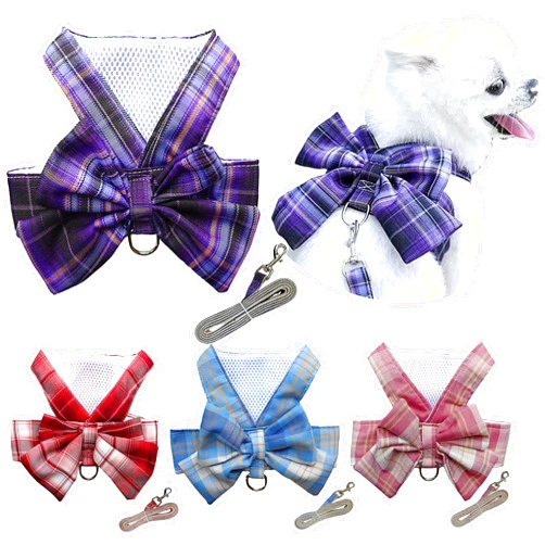 Petbuy Plaid Dog Dress Bow Tie Harness Leash Set,Dog Clothes Harness Dress with Leash Ring for Small Dogs Girl, Puppy Princess Rabbit Clothes Chihuahua Yorkies Pet Outfits (Purple, Small)