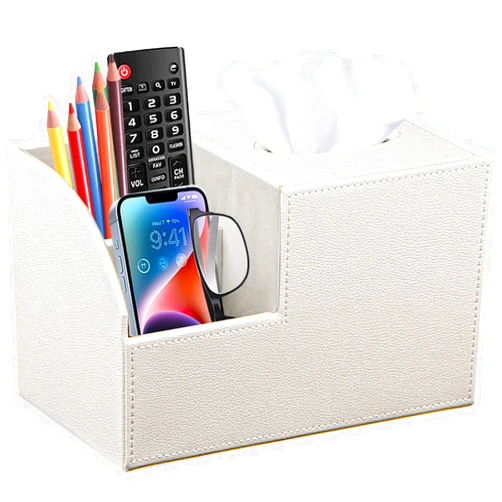 BLIENCE PU Leather Square Tissue Box Cover - Multi-Functional Tissue Box Holder, Tissue Box Cover with Storage,Tissue and Remote Control Holder, Cube Tissue Box Organizer Bedroom Nightstand End Table(White)