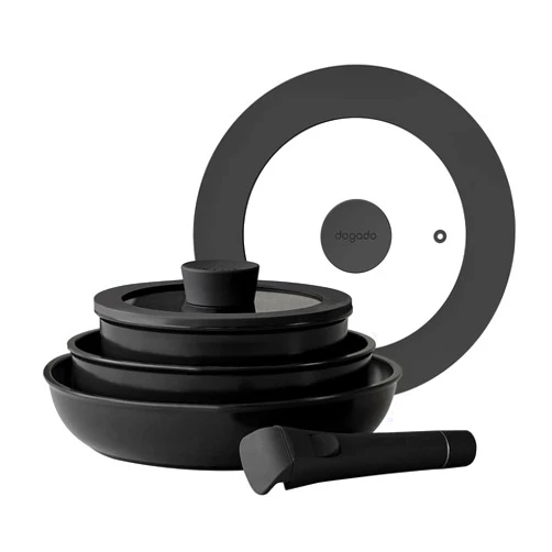 Dogado Organic Cookware Set, Nonstick Ceramic 6 Piece, Stackable Pots and Pan, Detachable Removable Handle (Granite Gray)