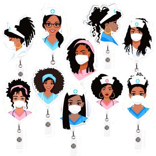 Whaline 10Pcs Black Girl Nurse Badge Reel Holder Retractable Nursing Name ID Clips Cute Badge Holder for Nurse Doctor Medical Health Graduation Hospital Office Worker Gifts
