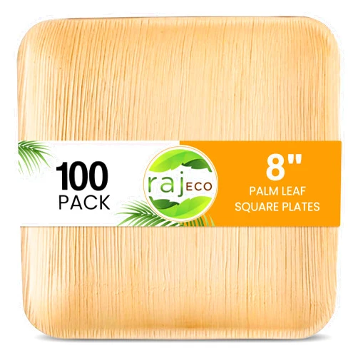 Raj Unique Collection Raj Eco Compostable Palm Leaf Plates Like Bamboo Plates Disposable - 8 Inch Square 100 Party Plates, Natural Wooden, Eco-Friendly, Disposable Dessert Appetizer Plates
