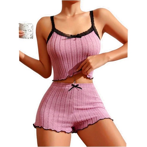 SweatyRocks Women's 2 Piece Lace Ribbed Knit Cami Top and Lettuce Trim Shorts Pajama Set Sleepwear Lounge Sets