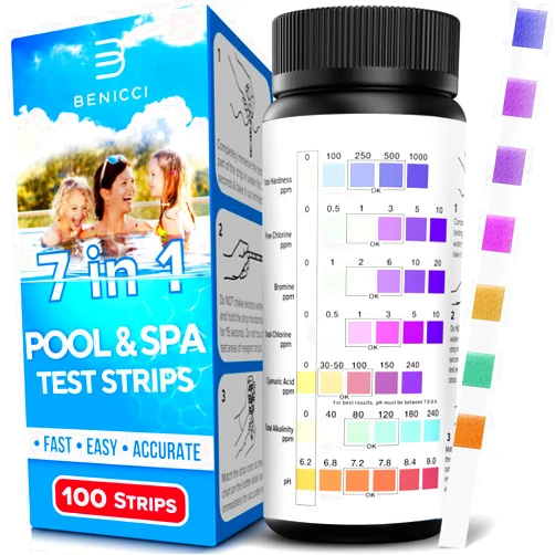 Benicci 7-in-1 Accurate Pool Test Strips - 100 Hot Tub Spa Test Strips - Quick Pool Water Testing Kit - Bromine, pH, Hardness, Alkalinity, Chlorine & Cyanuric Acid - Perfect for Any Pools, Spa, Hot tubs
