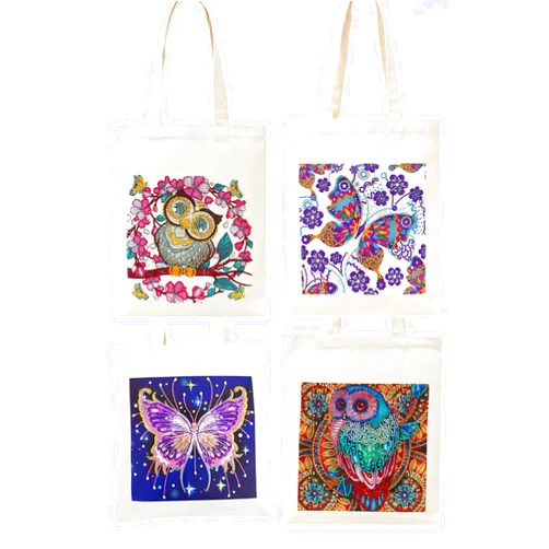 DOOSAI 4 Pack Diamond Painting Canvas Tote Bags Art Kits 5D Boho Diamond Dots Dotz Kits Reusable Grocery Bags DIY Handbags Handmade Gifts Shopping Bags for Women Adults (Owls Butterflys)