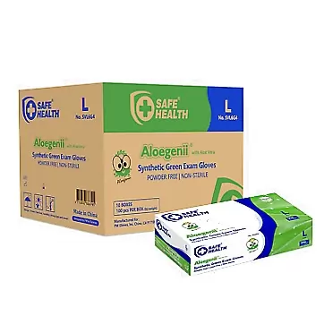 Safe Health SafeHealth Aloegenii Synthetic Green Exam Gloves | Aloe Vera-Medical-Disposable | Free of Latex-Powder | Clinic-Nursing Green Case Large of 1000 Pcs