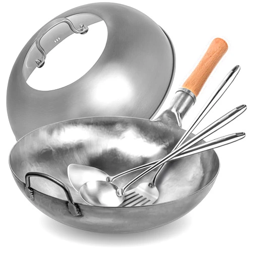 YOSUKATA Woks and Frying Pans 14'' - Round Bottom Wok + Wok Lid 13.6 Inch - Premium Stainless Griddle Dome + 17