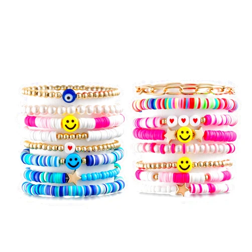 Bovivanen 16Pcs Preppy Heishi Bracelets Set Colorful Smile Heart Star Evil Eye Beaded Stretch Bracelets Clay Stackable Charm Y2K Kidcore Summer Beach Bohemian Layering Bracelets Jewelry for Women Girls Teens
