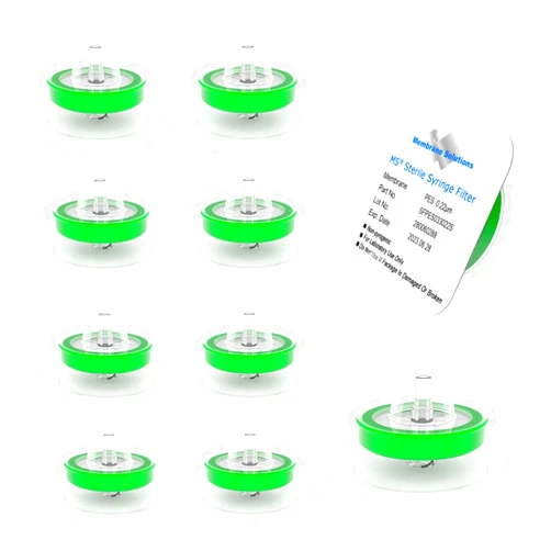 Membrane Solutions 10 Pack Syringe Filter Sterile PES Hydrophilic Filtration 0.22um Pore Size, 33mm Membrane Diameter Sterile PES Membrane Individually Packed