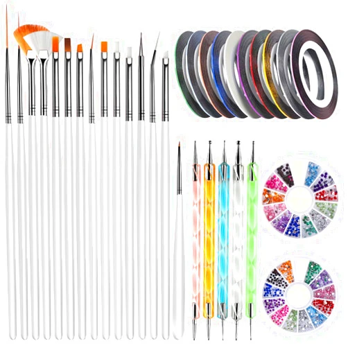 Teenitor Nail Art Brushes,3D Nail Art Paiting Polish Design Kit with 15 Nail Gel Brushes, Nail Dotting Pen 5pcs, 12 Colors Nail Rinestones 10 Adhesive Nail Striping Tape for False Acrylic Nails White