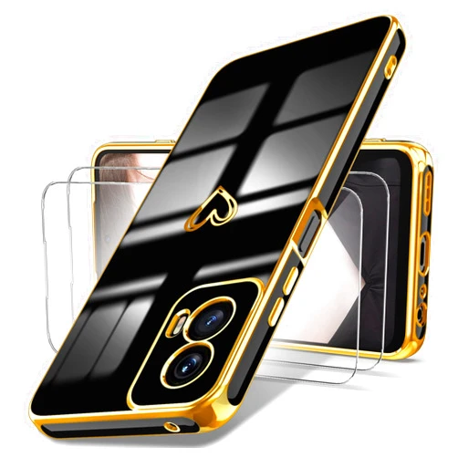 Dretal for Motoro Moto G Power 5G 2024 Case with Screen Protector, Girl Women Cute Girly Love-Heart Luxury Gold Soft Camera Protection Bumper Shockproof Case for Moto G Power 2024 (Black, TX)