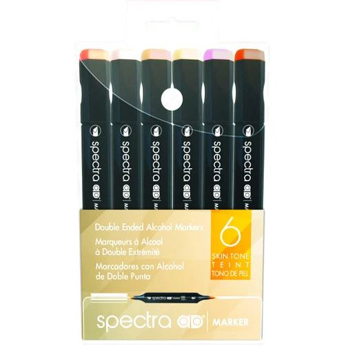 AD Marker Chartpak Spectra Set in Plastic Case, Tri-Nib and Brush Dual-Tip, 6 Assorted Portrait Colors (SPORT6AD) Skin Tone Colors