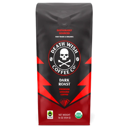 Death Wish Coffee Co., Organic and Fair Trade Dark Roast Ground Coffee, 16 oz