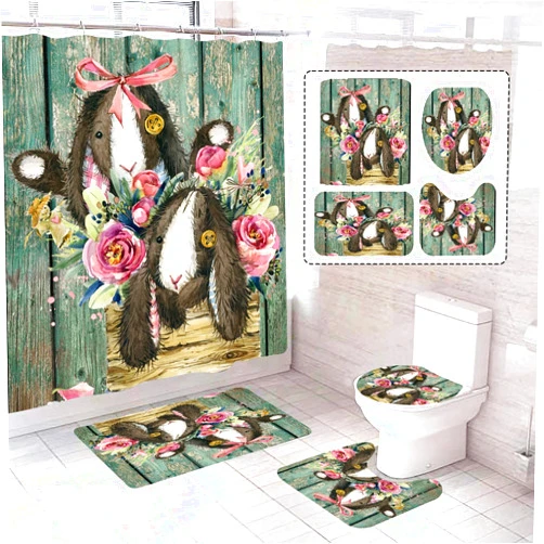 Botoutin 4Pcs Farmhouse Shower Curtain Set, Rose Fun Cute Animal Rabbit Scarecrow Shower Curtain Set Non-Slip Rug,Toilet Lid Cover,U Shape Mat,Waterproof Bathroom Decor Sets with 12 Hooks, Green