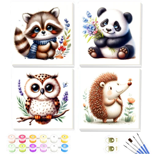 Genius maker 4 Pack Paint by Numbers Kits for Kids with Wooden Frame-Cartoon Animal Painting by Numbers for Kids Adults Beginners, Easy Paint by Numbers Kit Crafts for Kid Paint by Number for Wall Decor(8X8inch)