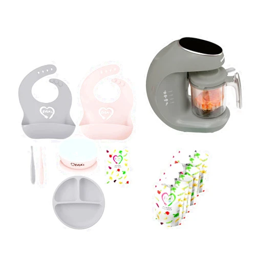 EVLA'S Baby Food Maker, Food Processor, Blender, Grinder, Steamer for Healthy, Homemade Food with 6 Reusable Pouches with Gray & Pink Baby Feeding Set